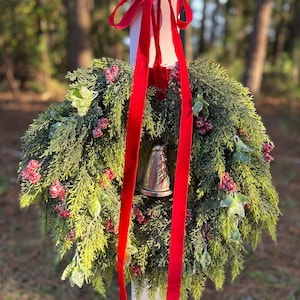 Artificial Cedar Cascading Trailing Christmas Winter Wreath, velvet ribbon, silver bells, Front Door Decor, Farmhouse, Cottagecore