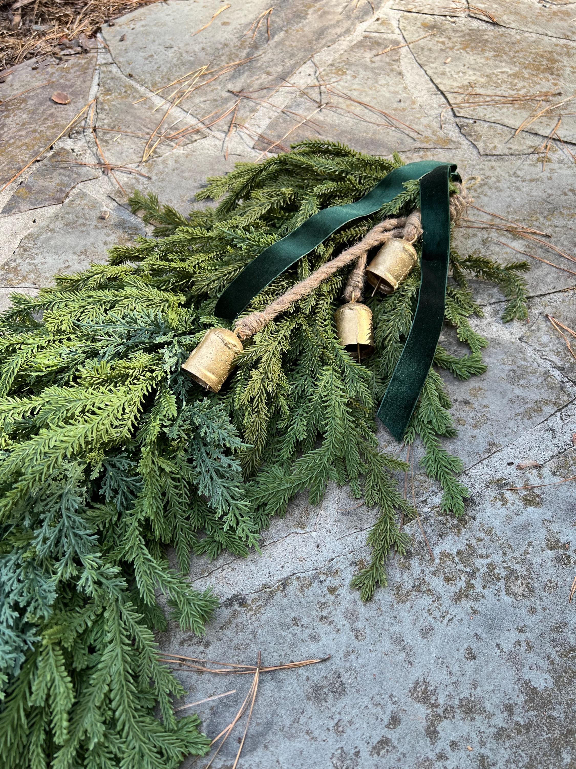 Real Touch Faux Norfolk Pine and Cedar Garland, Ribbon, Gold Bells,…
