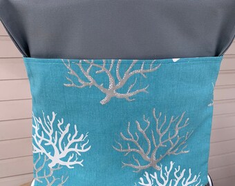 Set of 21 Blue Coral Reef Chair Pockets on Solid Gray Cotton Duck Canvas.  Fits Chair Back Widths of 12” and Less!  Sea-Themed Seat Sacks!
