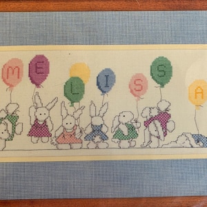 Vintage Dale Burdett Cross Stitch Kit Little Girl Bunnies and Balloons! Kit # CK 2010