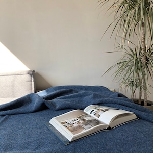 May include: A blue throw blanket is draped over a bed with a book open on top. The book is open to a page with a photo of a room with white walls and a wooden floor. A houseplant is in the background.