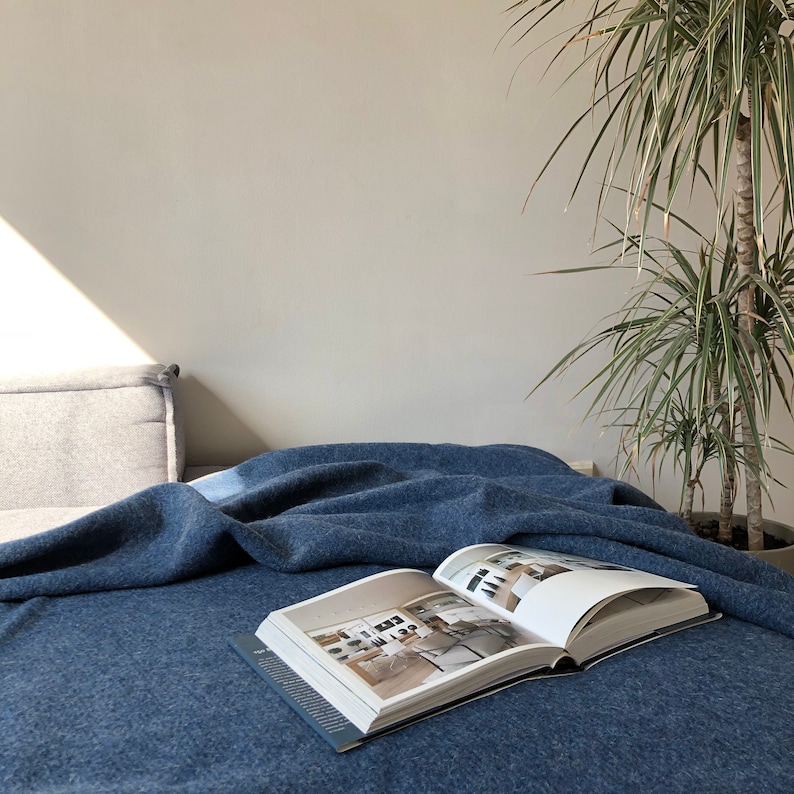 May include: A blue throw blanket is draped over a bed with a book open on top. The book is open to a page with a photo of a room with white walls and a wooden floor. A houseplant is in the background.