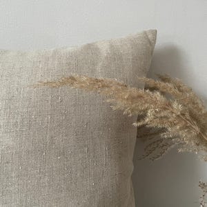 Könnte beinhalten: Nahaufnahme eines beigefarbenen Leinenkissens mit strukturierter Oberfläche. Das Kissen befindet sich vor einer weißen Wand, mit getrocknetem Ziergras im Vordergrund, das der Komposition ein natürliches Element hinzufügt.