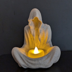 Tea Light LED Candle Holder - Resin Meditating Ghost - Grim Reaper - Sitting Ghost - Halloween Decor - Gothic Decor - Scary, Mysterious