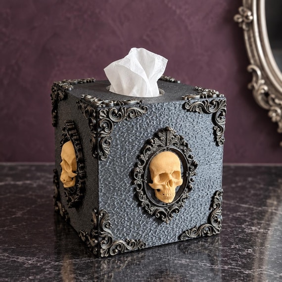 Gothic Skull Tissue Box Cover for standard Kleenex cubes (4.375x4.375x5 inches) • Exclusive Etsy design
