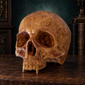 May include: A realistic human-like skull replica featuring a weathered, textured tan and brown finish. The skull displays prominent, elongated canine teeth in the upper jaw, deep eye sockets, and a nasal cavity with dark, recessed detailing.
