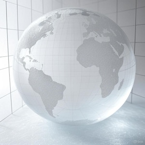 Op de afbeelding: Een heldere glazen wereldbol met geëtste continenten en een rasterpatroon. De wereldbol wordt gepresenteerd tegen een witte betegelde achtergrond, wat een minimalistische en moderne uitstraling creëert. De continenten zijn mat, de oceanen transparant.
