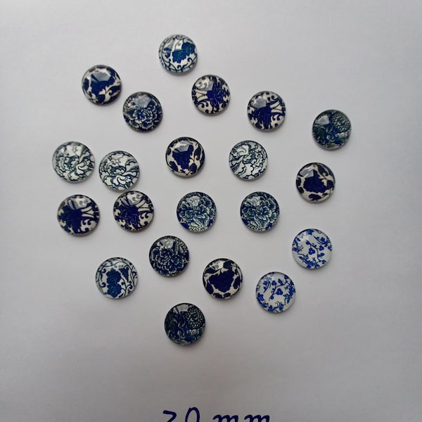 Cabochon 20 mm fleurs bleu vintage