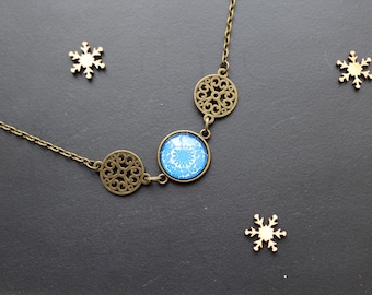 Necklace ethnic, blue flower, glass cabochon