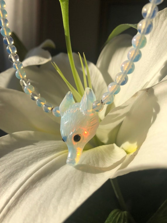 White wolf spirit Opalite crystal necklace