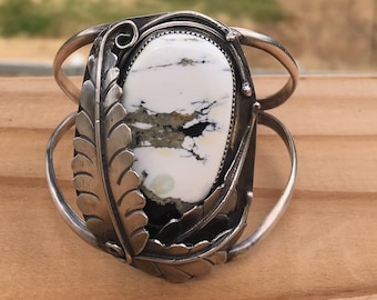 Gorgeous White Buffalo Turquoise Cuff Bracelet with leaf details size S/M (5.5 in)