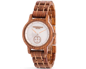 Montre en Bois, Montres de Poignet Femme, Bracelet Bois et Acier, Horloge, Cadeau pour elle, Anniversaire Mariage, Accessoires Bijoux Rose