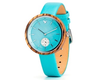 Orologio da polso in Legno, Orologi Donna Ragazza, Vera Pelle, Idea Regalo di Compleanno Anniversario Gioielli Femminile Azzurro Acquamarina