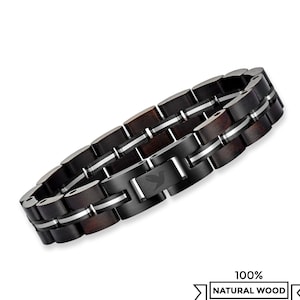 Men's Bracelet in Stainless Steel and Wood, Italian Metal Chain Bracelets for Men, Gift Idea for Him, Male Accessories Jewelry Adjustable Black