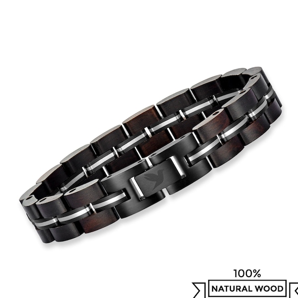 Pulsera Acero inoxidable y Madera para Hombres, Pulseras de Eslabones, Idea Regalo para él hombre, Complementos Accesorios Joyería Masculina