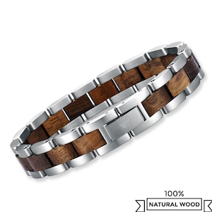 Bracciale da Uomo in Acciaio Inox e Legno, Bracciali di Metallo, Idea Regalo per Lui, Gioielli Accessori Braccialetto Maschile Regolabile Argento