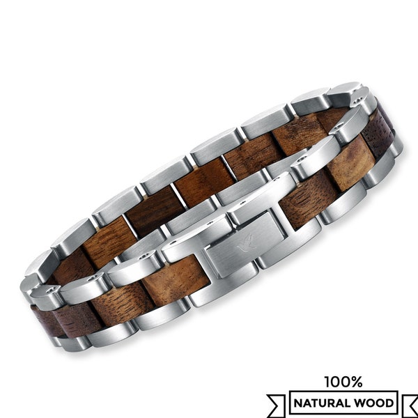 Men's Bracelet in Stainless Steel and Wood, Italian Metal Chain Bracelets for Men, Gifts Ideas for Him, Male Accessories Jewelry Adjustable