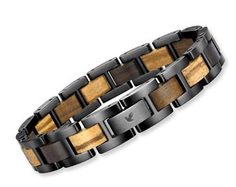 Bracciale da Uomo in Acciaio Inox e Legno, Bracciali di Metallo, Idea Regalo per Lui, Gioielli Accessori Braccialetto Maschile Regolabile