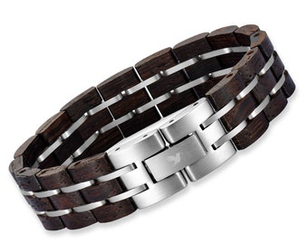 Men's Bracelet in Stainless Steel and Wood, Italian Metal Chain Bracelets for Men, Gift Idea for Him, Male Accessories Jewelry Adjustable