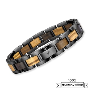 Men's Bracelet in Stainless Steel and Wood, Italian Metal Chain Bracelets for Men, Gift Idea for Him, Male Accessories Jewelry Adjustable