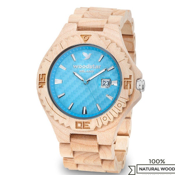 Montre en bois, Montres de Poignet Homme Femme, Bracelet Horloge Mécanique, Cadeau pour elle lui, Anniversaire, Bijoux Accessoires Mode Bleu