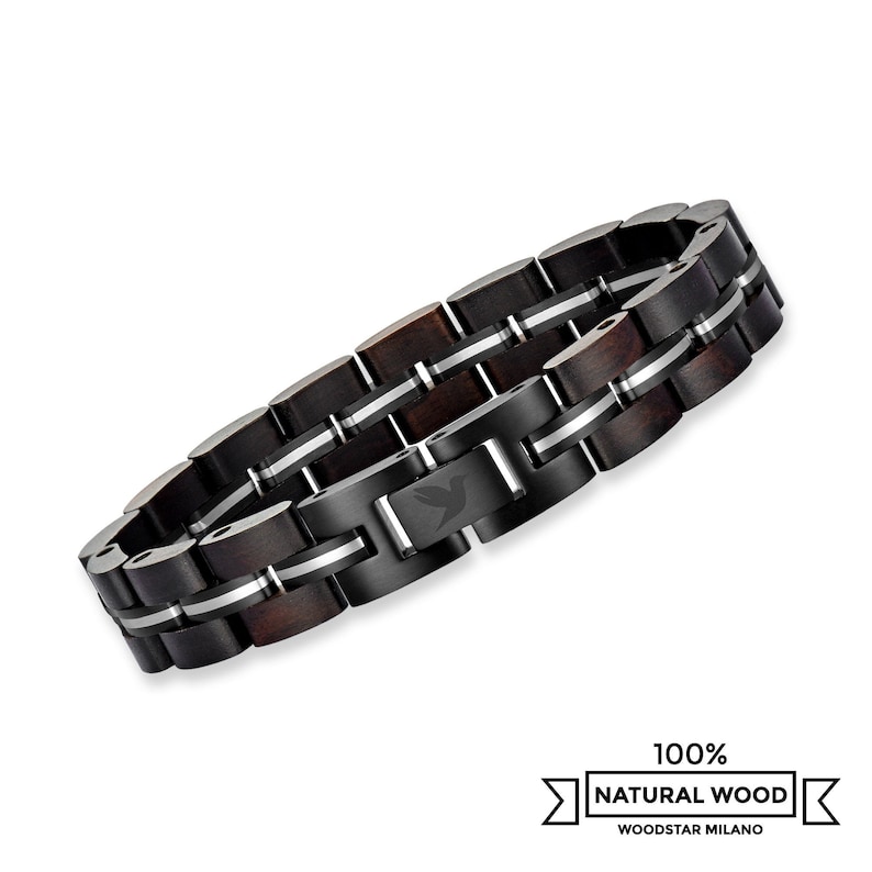 Men's Bracelet in Stainless Steel and Wood, Italian Metal Chain Bracelets for Men, Gift Idea for Him, Male Accessories Jewelry Adjustable Black