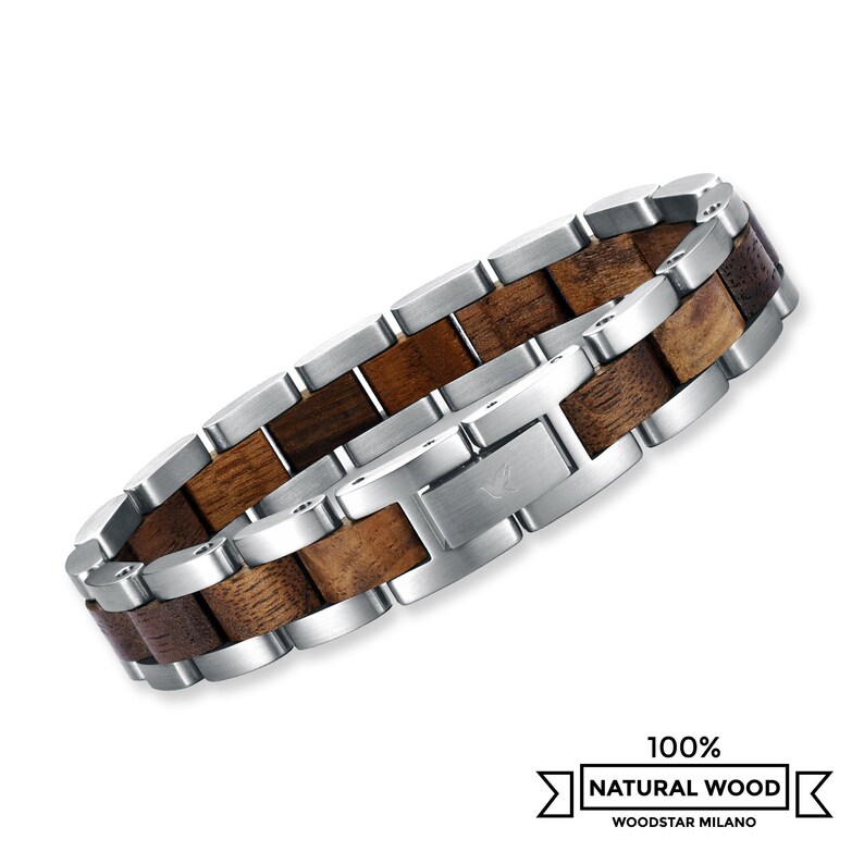 Bracciale da Uomo in Acciaio Inox e Legno, Bracciali di Metallo, Idea Regalo per Lui, Gioielli Accessori Braccialetto Maschile Regolabile Argento