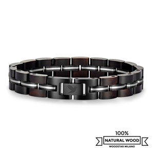 Men's Bracelet in Stainless Steel and Wood, Italian Metal Chain Bracelets for Men, Gift Idea for Him, Male Accessories Jewelry Adjustable image 2