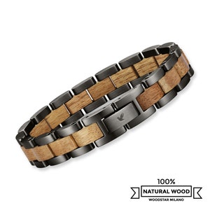 Bracciale da Uomo in Acciaio Inox e Legno, Bracciali di Metallo, Idea Regalo per Lui, Gioielli Accessori Braccialetto Maschile Regolabile Grigio