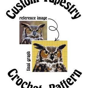 Puede incluir: Imagen de un patrón de ganchillo de tapiz personalizado con un búho. El diseño incluye una imagen de referencia del búho y un gráfico final. El texto dice "Custom Tapestry Crochet Pattern".
