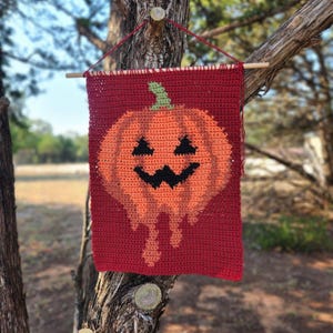 May include: A handmade, red crochet wall hanging featuring a smiling jack-o'-lantern design in shades of orange and brown. The pumpkin has a green stem and black facial features. A wooden dowel and red string are used for hanging.