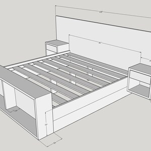 May include: A modern bed frame design with integrated nightstands and a headboard. The bed frame includes storage compartments at the foot of the bed. Dimensions are labeled in inches, including a 120-inch headboard and an 81-inch bed frame.