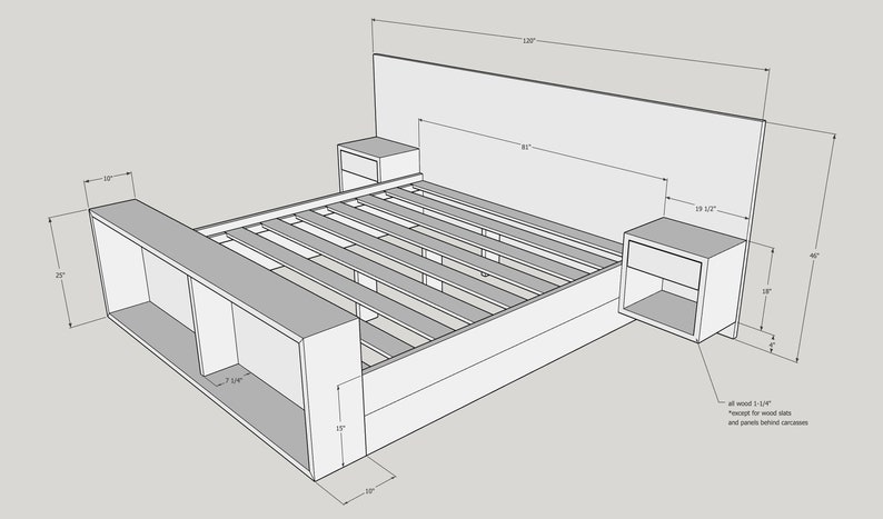May include: A modern bed frame design with integrated nightstands and a headboard. The bed frame includes storage compartments at the foot of the bed. Dimensions are labeled in inches, including a 120-inch headboard and an 81-inch bed frame.
