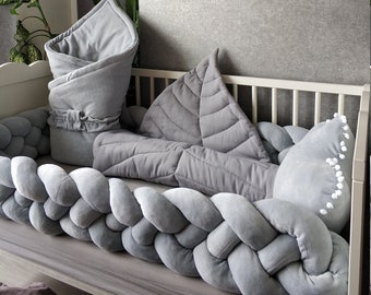 Grey baby bedding set. Double Braided Crib Bumper pillow cloud quilt baby boy blanket Crib Bedding linen bedding sheet set toddler