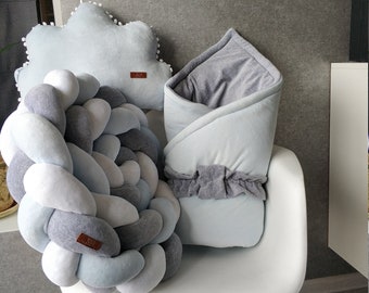White purple Pillow for kids Decorative Pillow Bolster lilac Braided Crib Bumper of 4 strips light gray melange
