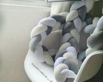 White purple Pillow for kids Decorative Pillow Bolster lilac Braided Crib Bumper of 4 strips light gray melange
