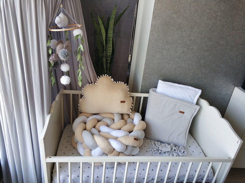 Beige grey baby bedding set. Double Braided Crib Bumper ...