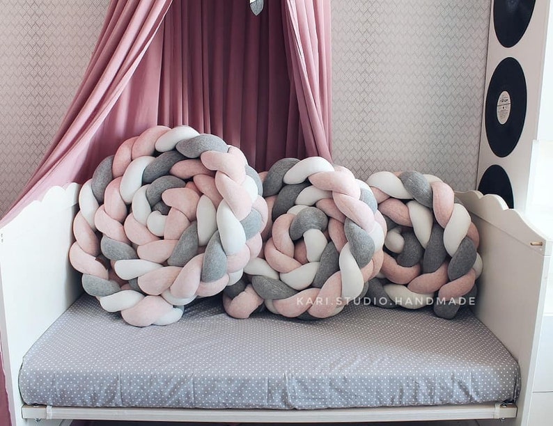 Braided Crib Bumper Pink Baby Crib Bumper Linen Bolster Etsy