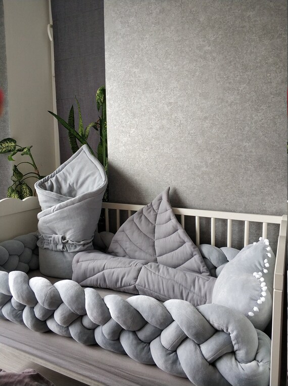 Grey baby bedding set. Double Braided Crib Bumper pillow cloud Etsy