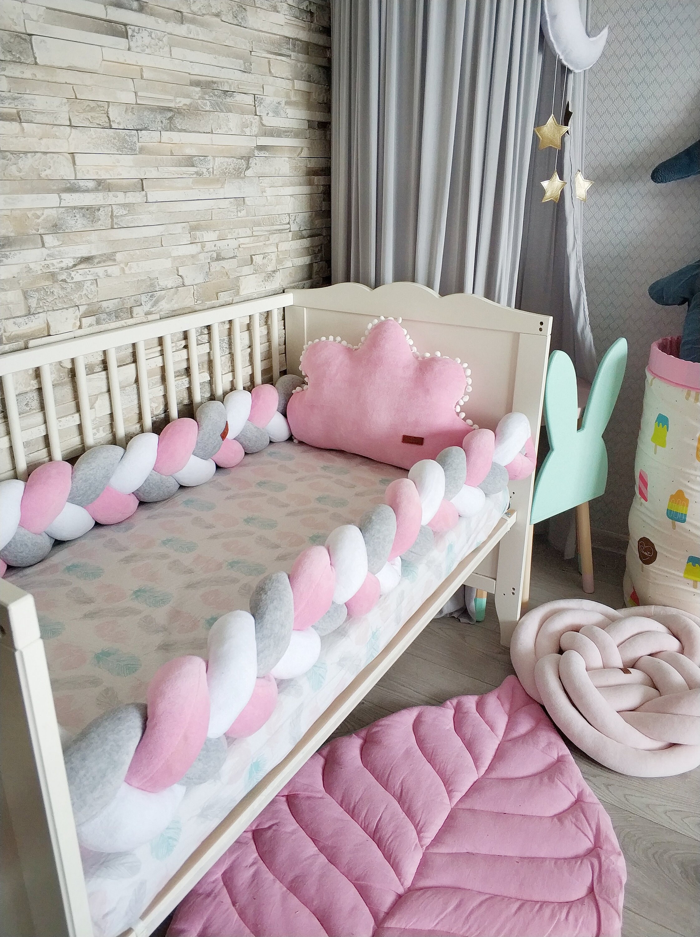 Pink Braided Crib Bumper Pillow Cloud Baby Crib Bumper Etsy