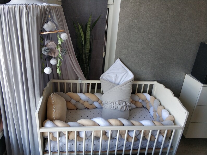 Beige grey baby bedding set. Double Braided Crib Bumper pillow Etsy