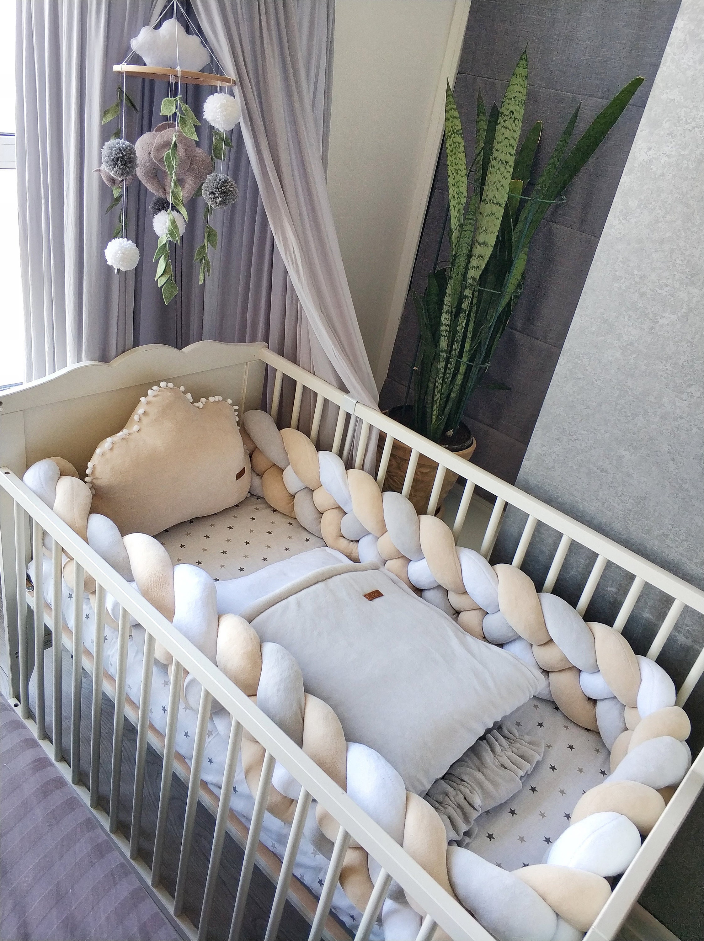 Beige grey baby bedding set. Double Braided Crib Bumper pillow Etsy