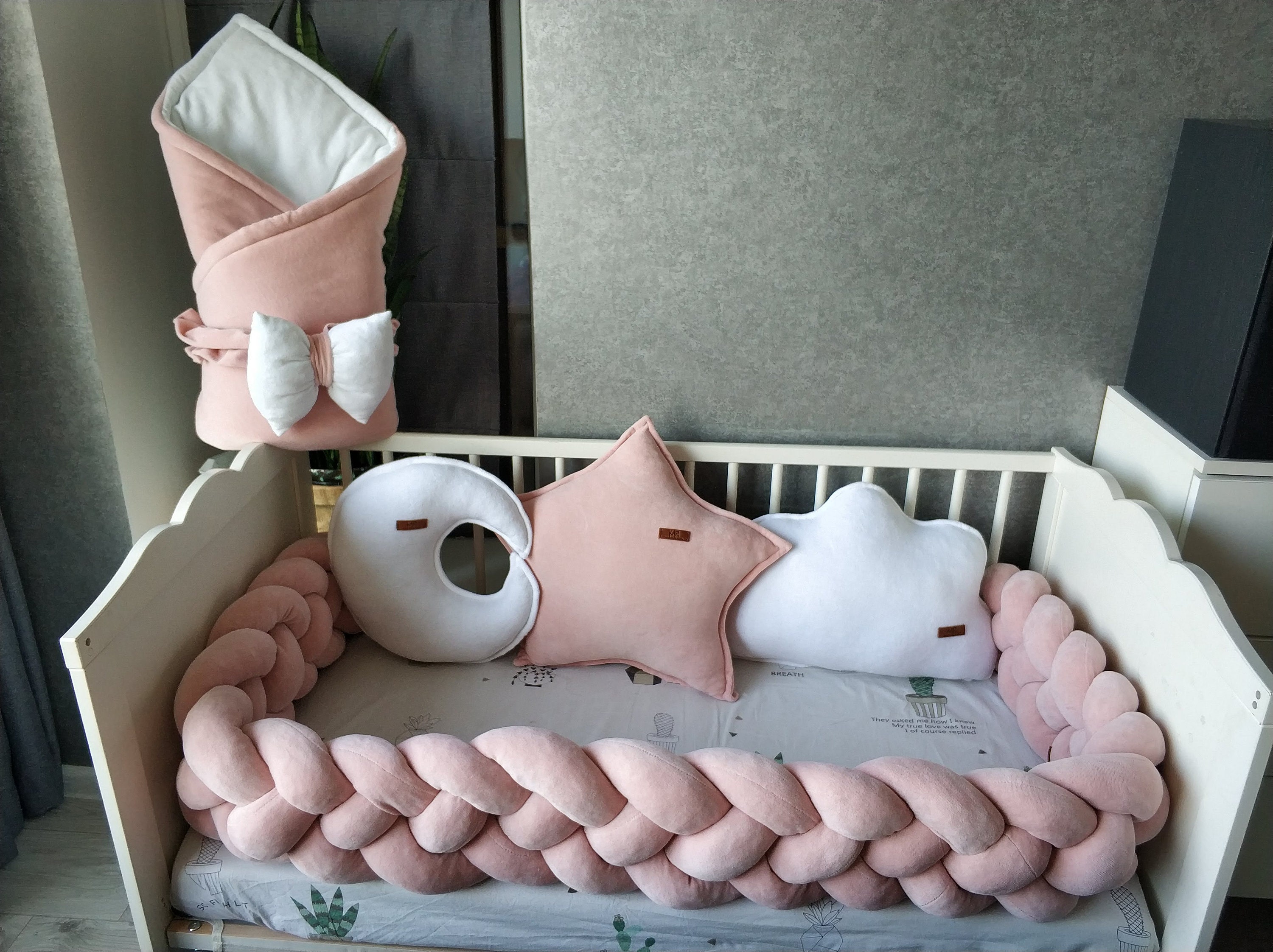 BLUSH baby bedding Braided Crib Bumper pillow cloud moon Etsy