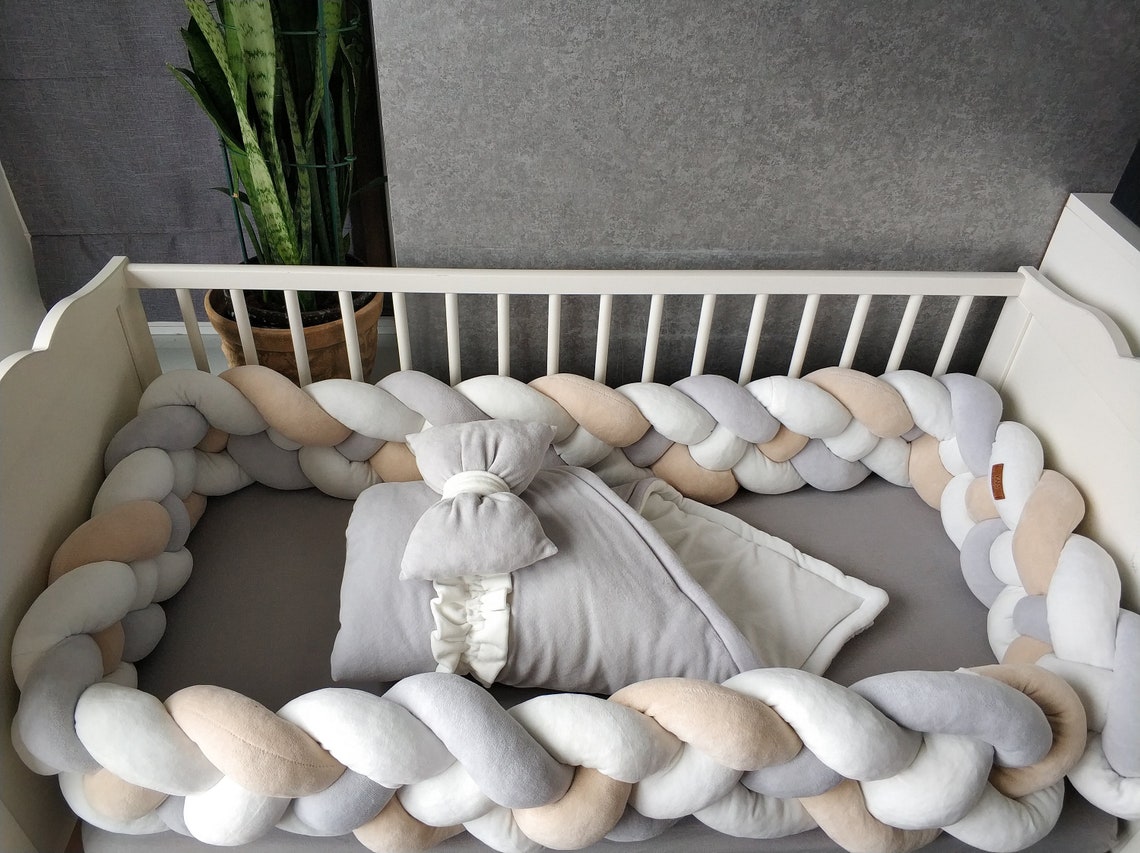 Beige grey baby bedding set. Double Braided Crib Bumper pillow Etsy