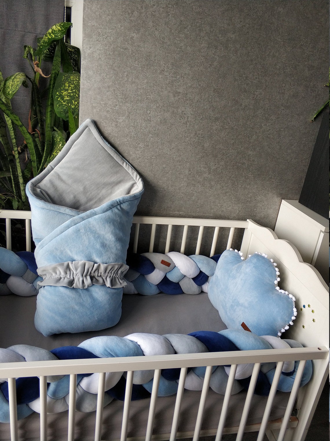 Indigo blue baby bedding set. Double Braided Crib Bumper Etsy