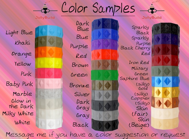 May include: Color samples for 3D printing filament.  The colors are arranged in columns, with names like Light Blue, Khaki, Orange, Yellow, Pink, Baby Pink, Marble, Glow in the Dark, Milky White, White, Dark Blue, Blue, Purple, Red, Brown, Green, Bronze, Silver, Dark Gray, Gray, Black, Sparkly Black, Sparkly Purple, Black Cherry Red, Iron Red, Military Green, Sapphire Blue, (silky) Gold, (silky) Copper, (silky) Skin (Fair) Skin (Beige).