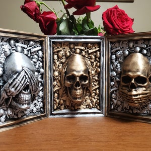 Three Wise Men Skull Wall Art 3d Printed SET OF 3 Framed skull See No Evil, Hear No Evil, Speak No Evil image 1