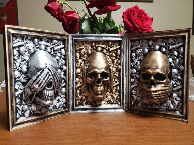 Three Wise Men Skull Wall Art 3d Printed SET OF 3 Framed skull See No Evil, Hear No Evil, Speak No Evil image 1