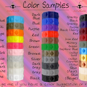 May include: Image showcasing color samples of 3D-printed items. The samples are stacked cylinders in various colors, including light blue, khaki, orange, yellow, pink, and marble. Text on the image lists color options and the JollyBuild logo.