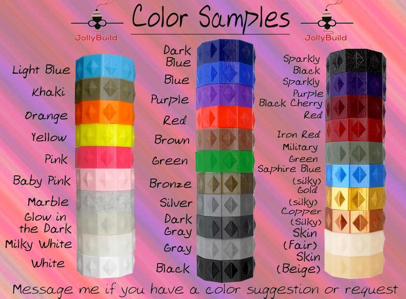 May include: Image showcasing color samples of 3D-printed items. The samples are stacked cylinders in various colors, including light blue, khaki, orange, yellow, pink, and marble. Text on the image lists color options and the JollyBuild logo.